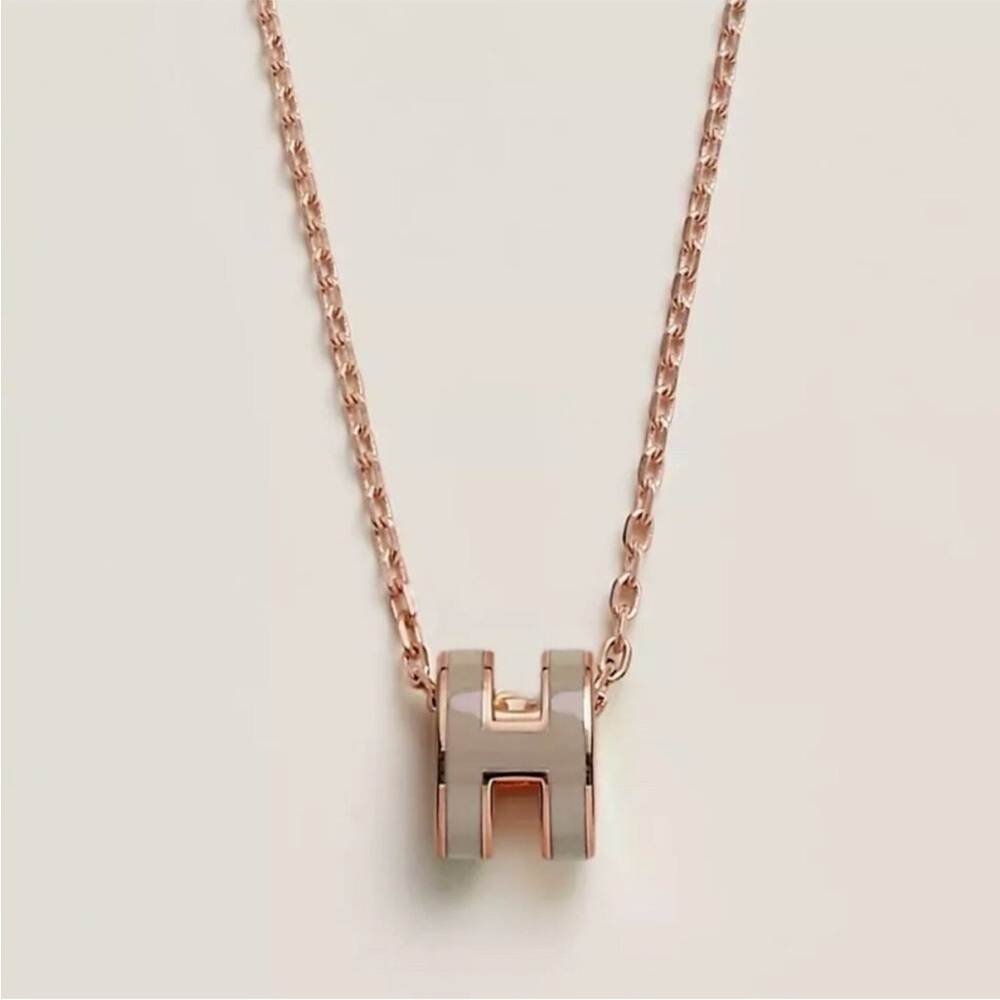 Hermes Pop H Necklace in Rose Gold and Marron Glacé